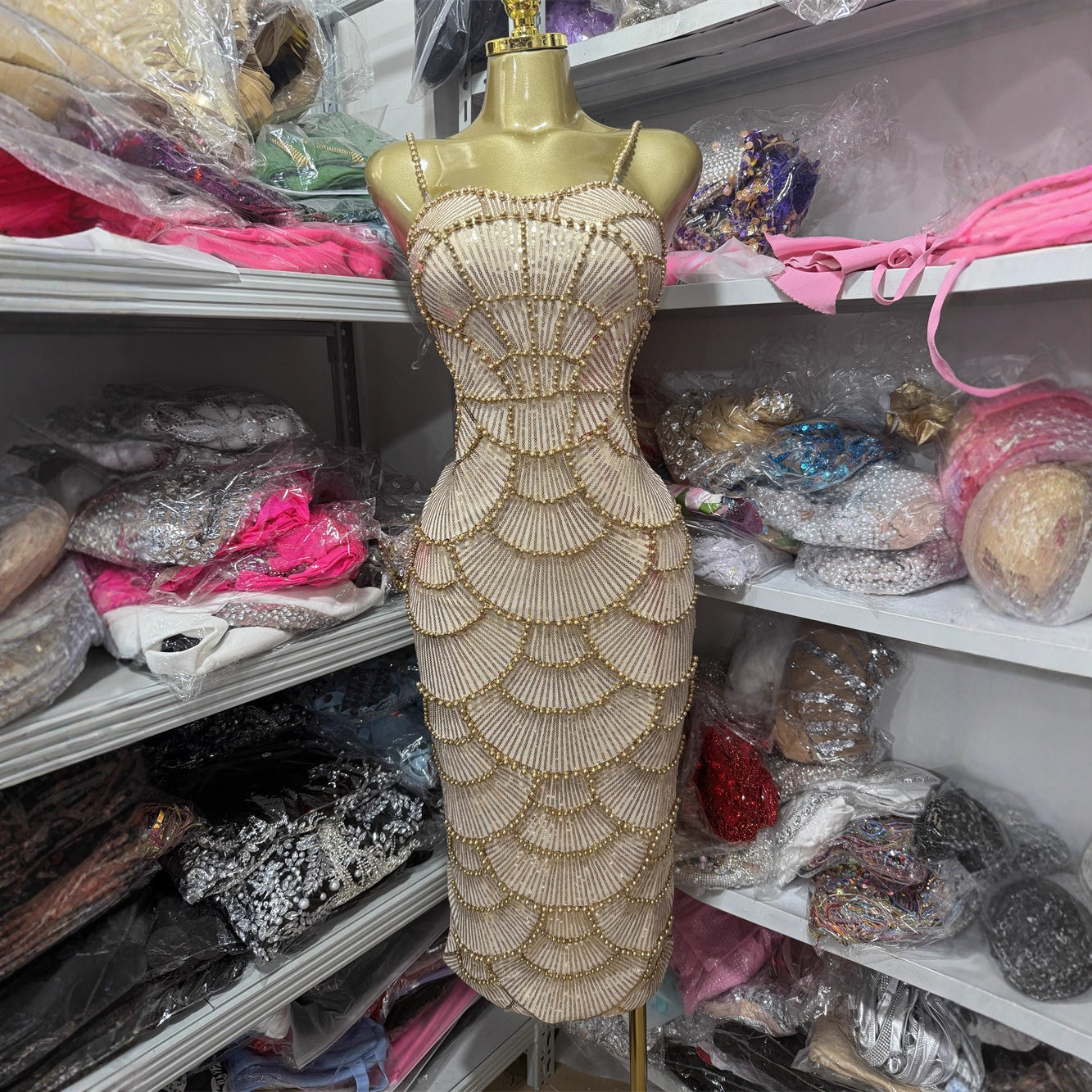 Sparkly Beaded Cutout Bodycon Cocktail Midi Dress