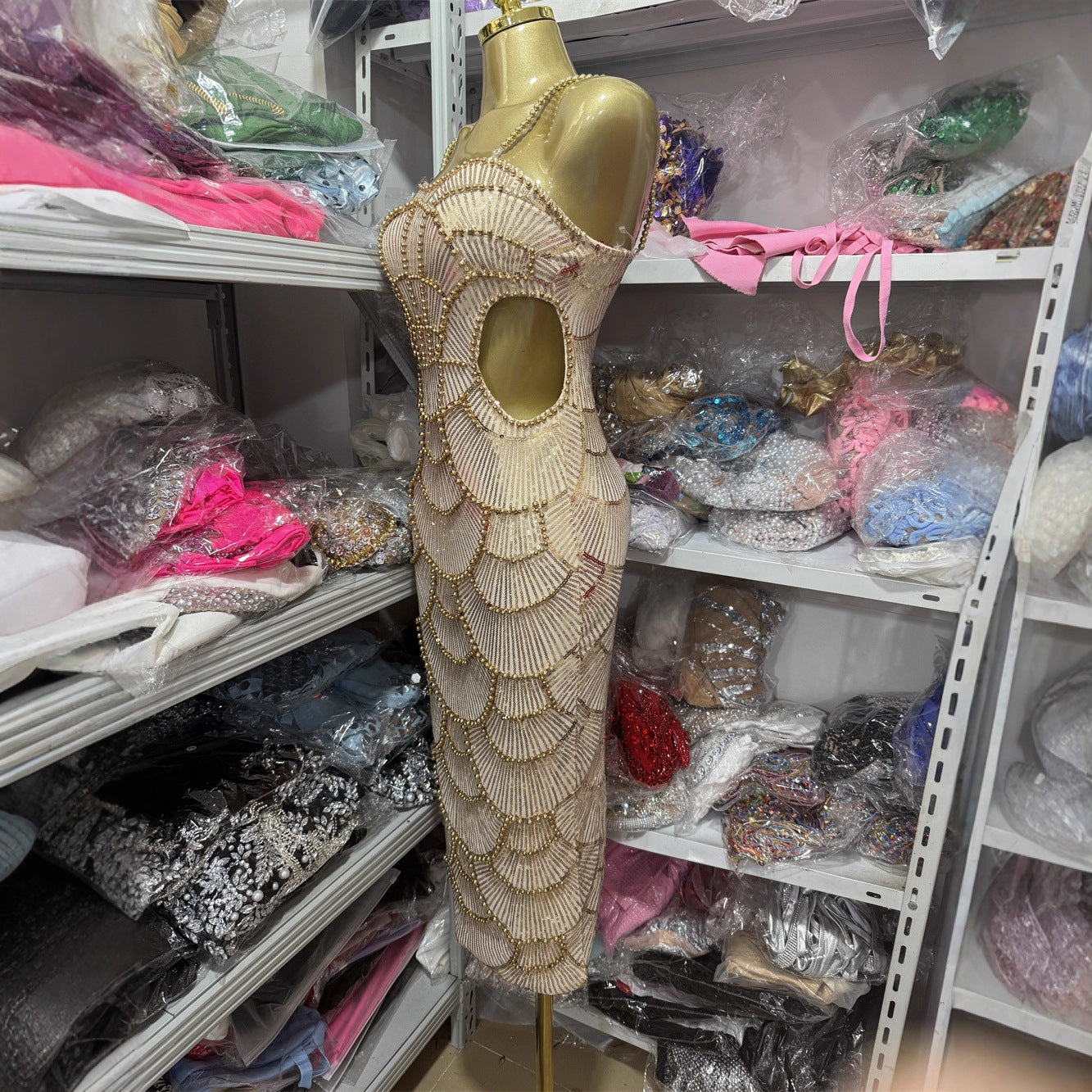 Sparkly Beaded Cutout Bodycon Cocktail Midi Dress