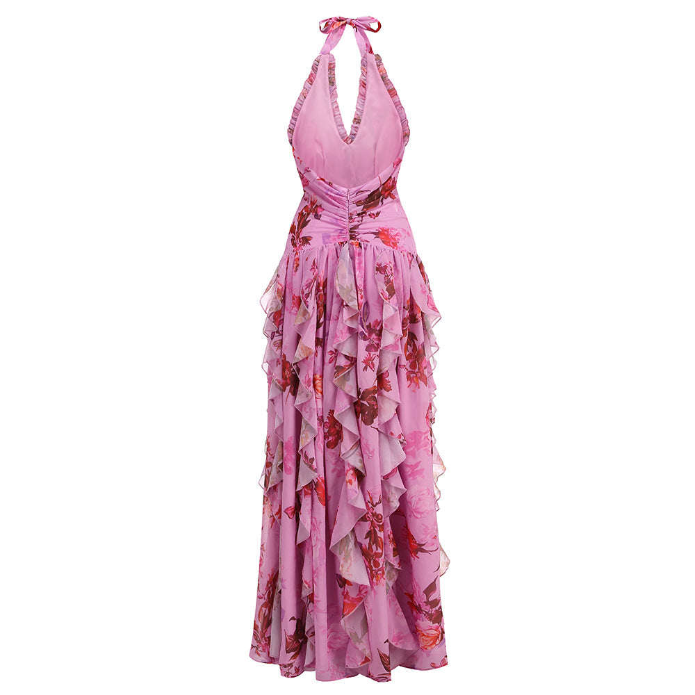 Halter Floral Ruffle Maxi Flower Dress