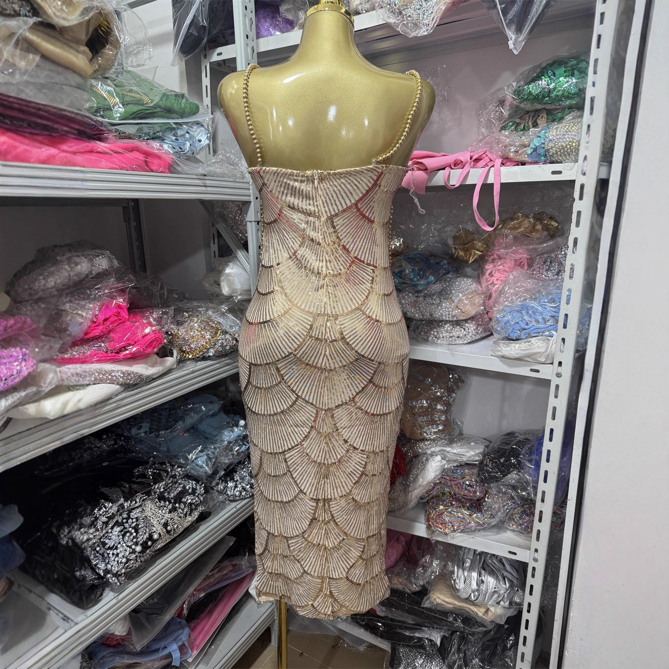 Sparkly Beaded Cutout Bodycon Cocktail Midi Dress