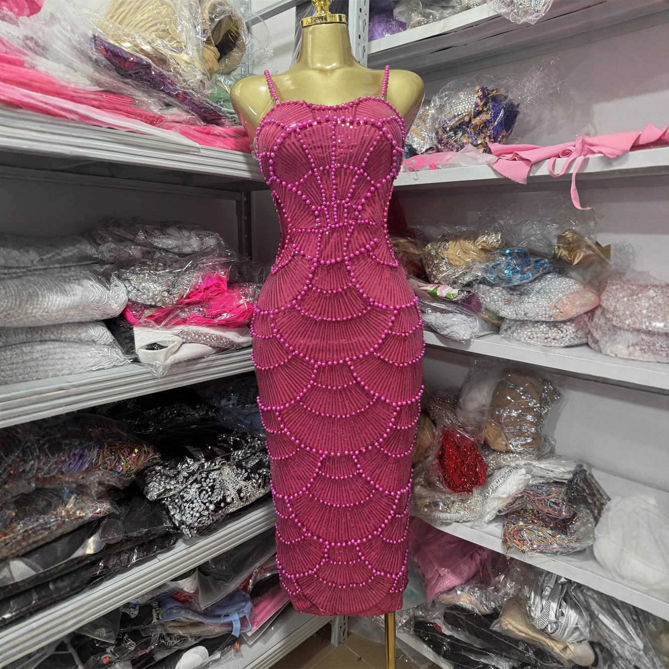 Sparkly Beaded Cutout Bodycon Cocktail Midi Dress