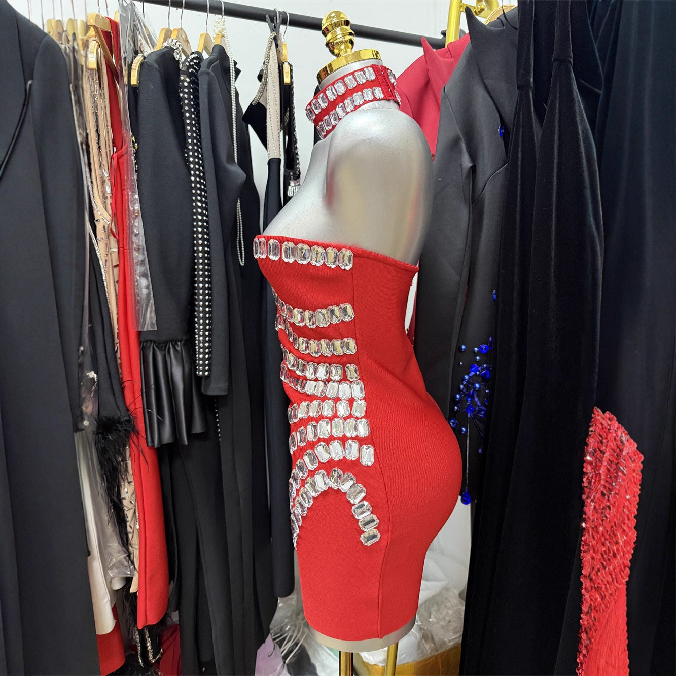 Red Rhinestone Mini Dress