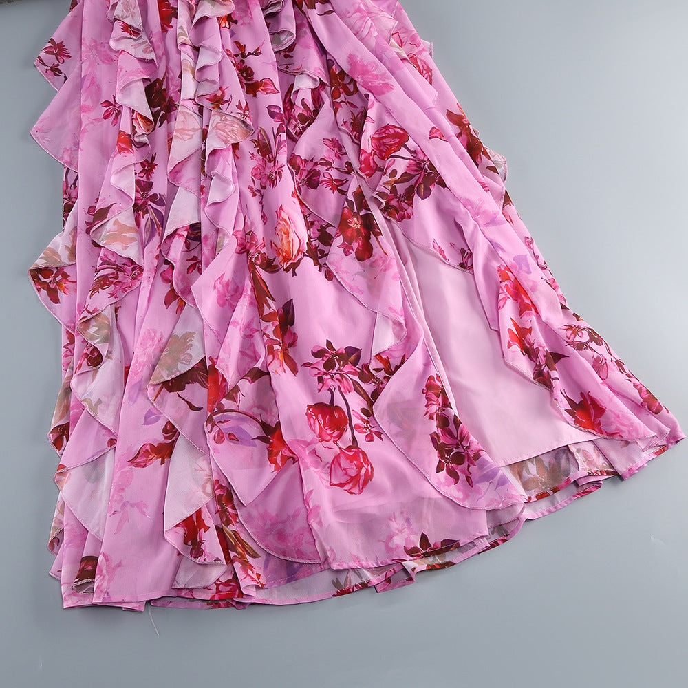 Halter Floral Ruffle Maxi Flower Dress