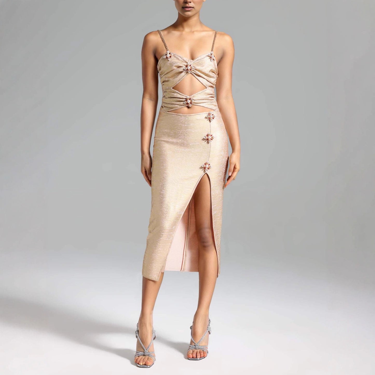 Golden Chain Strap Cutout Gold Knit Metallic Midi Bandage Dress