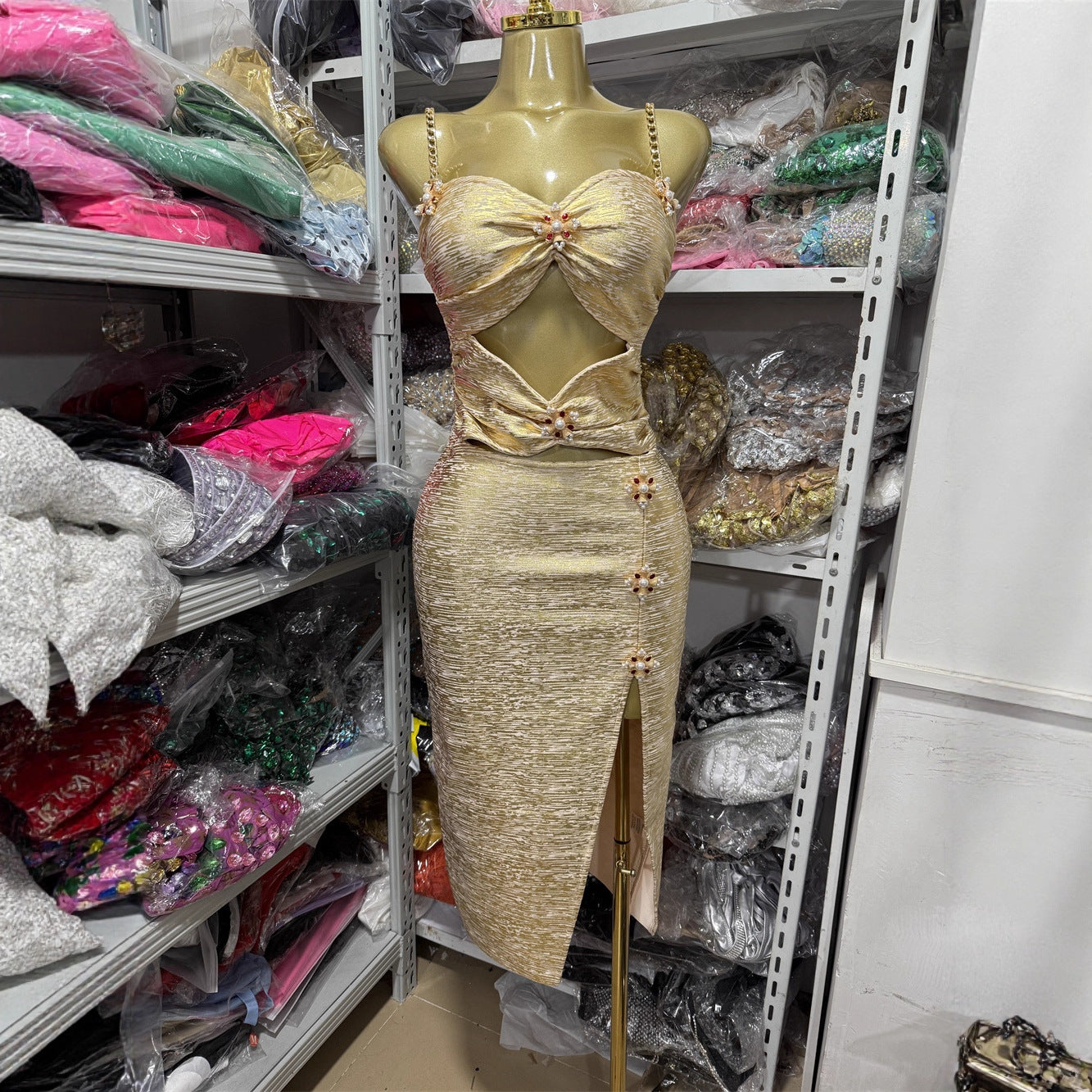 Golden Chain Strap Cutout Gold Knit Metallic Midi Bandage Dress