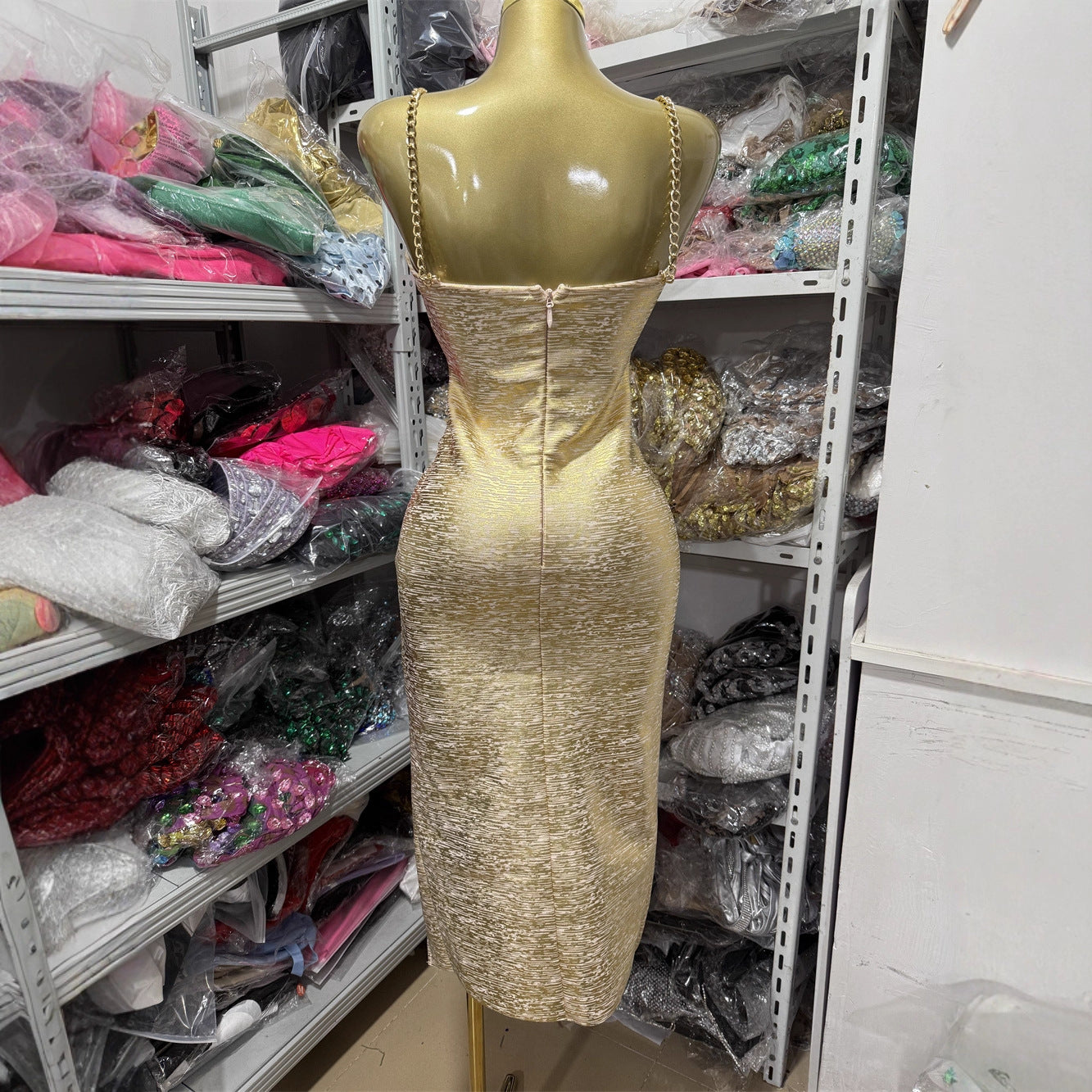 Golden Chain Strap Cutout Gold Knit Metallic Midi Bandage Dress
