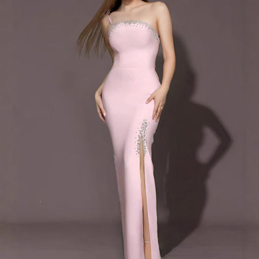 Pink One Shoulder Rhinestone Evening Dresses