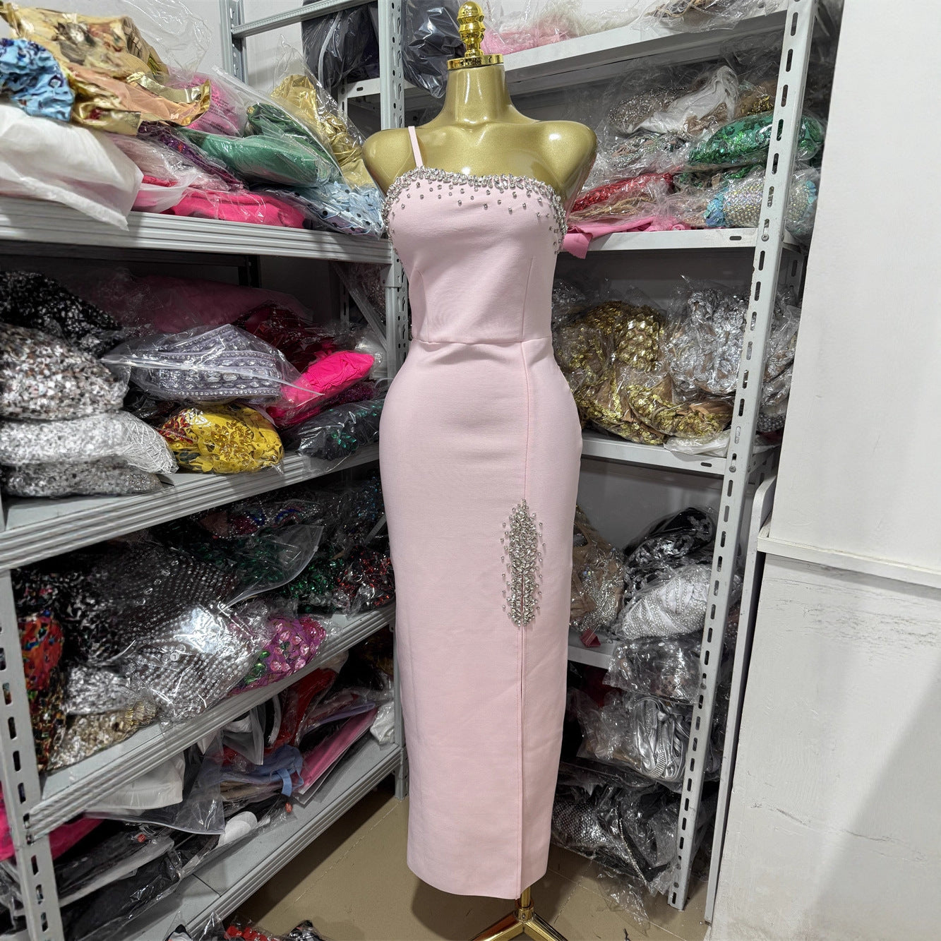 Pink One Shoulder Rhinestone Evening Dresses