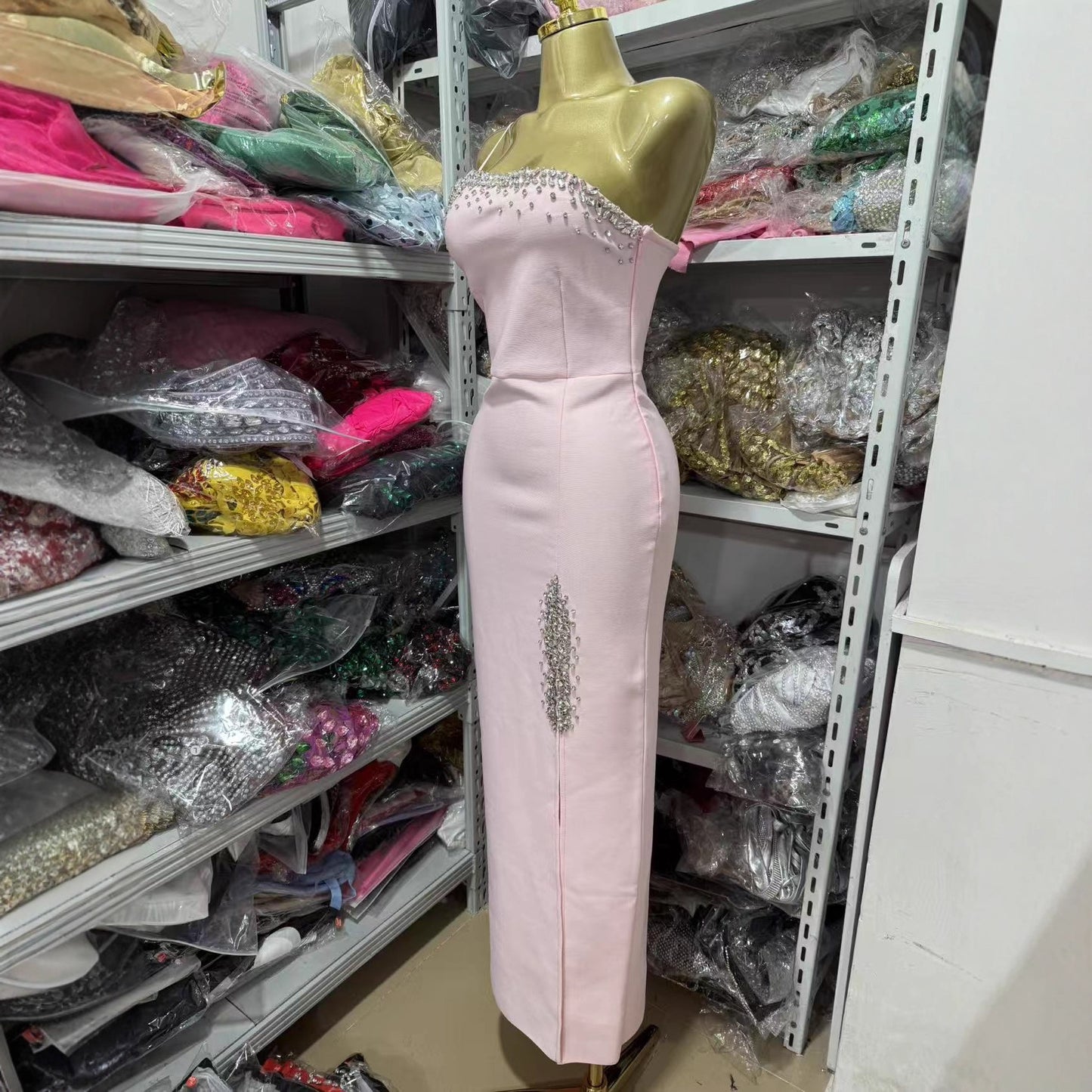 Pink One Shoulder Rhinestone Evening Dresses