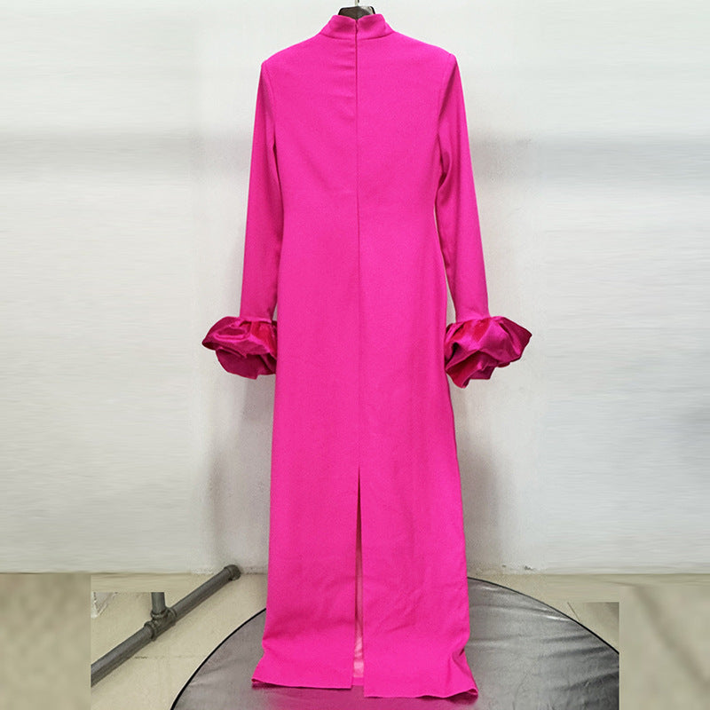 Fuchsia High Neck Long Sleeve Floral Cuff Maxi Evening Dress