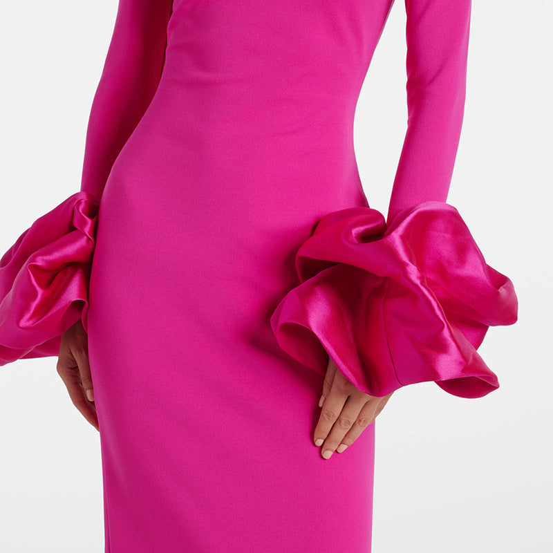 Fuchsia High Neck Long Sleeve Floral Cuff Maxi Evening Dress