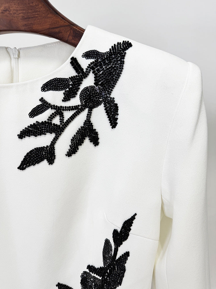 White Maxi Evening Dresses with Black Beaded Sequins Embroidery