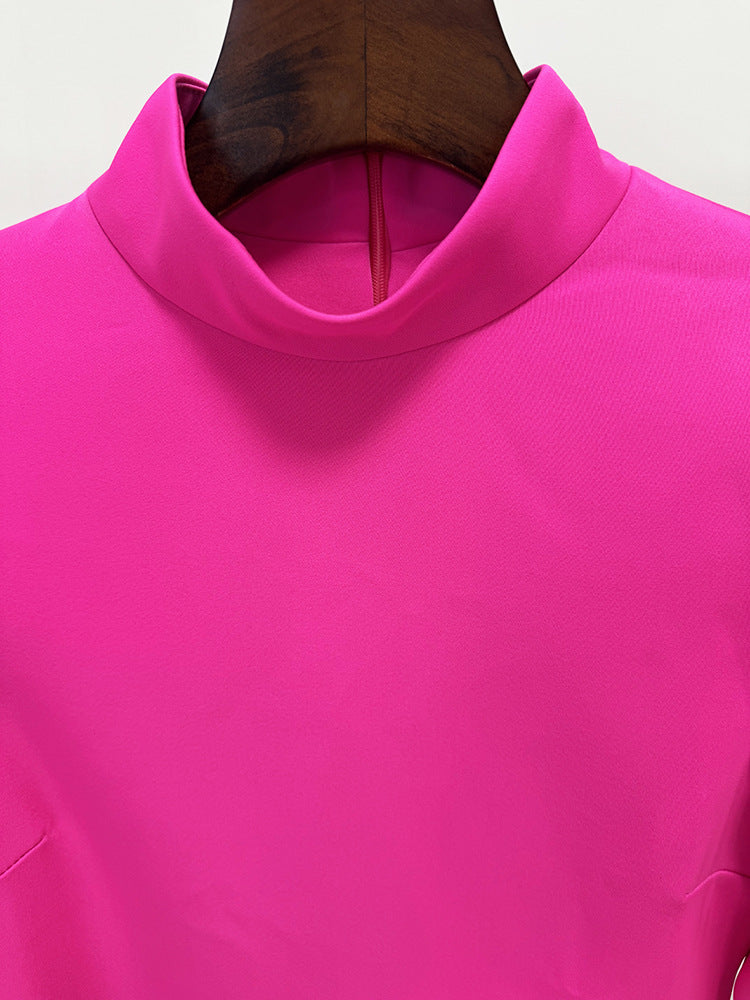 Fuchsia High Neck Long Sleeve Floral Cuff Maxi Evening Dress