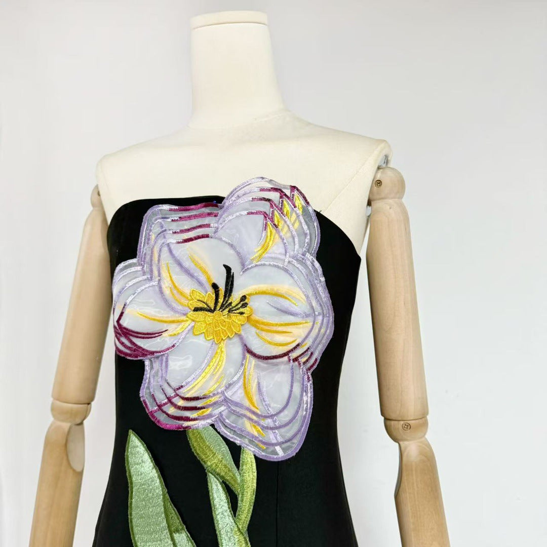Embroidered 3D Flower Long Dress