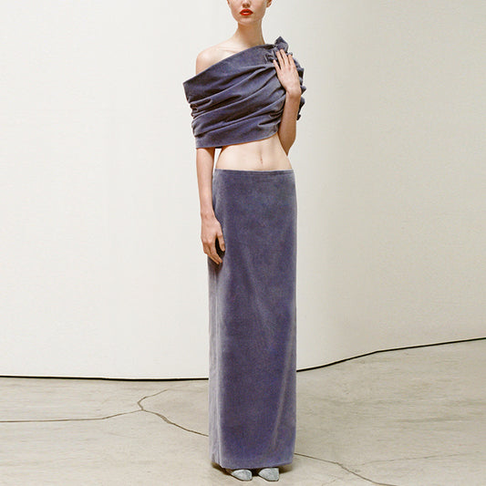 Off Shoulder Ruched Crop Top Long Skirt Purple Velvet Two Piece Skirt Set