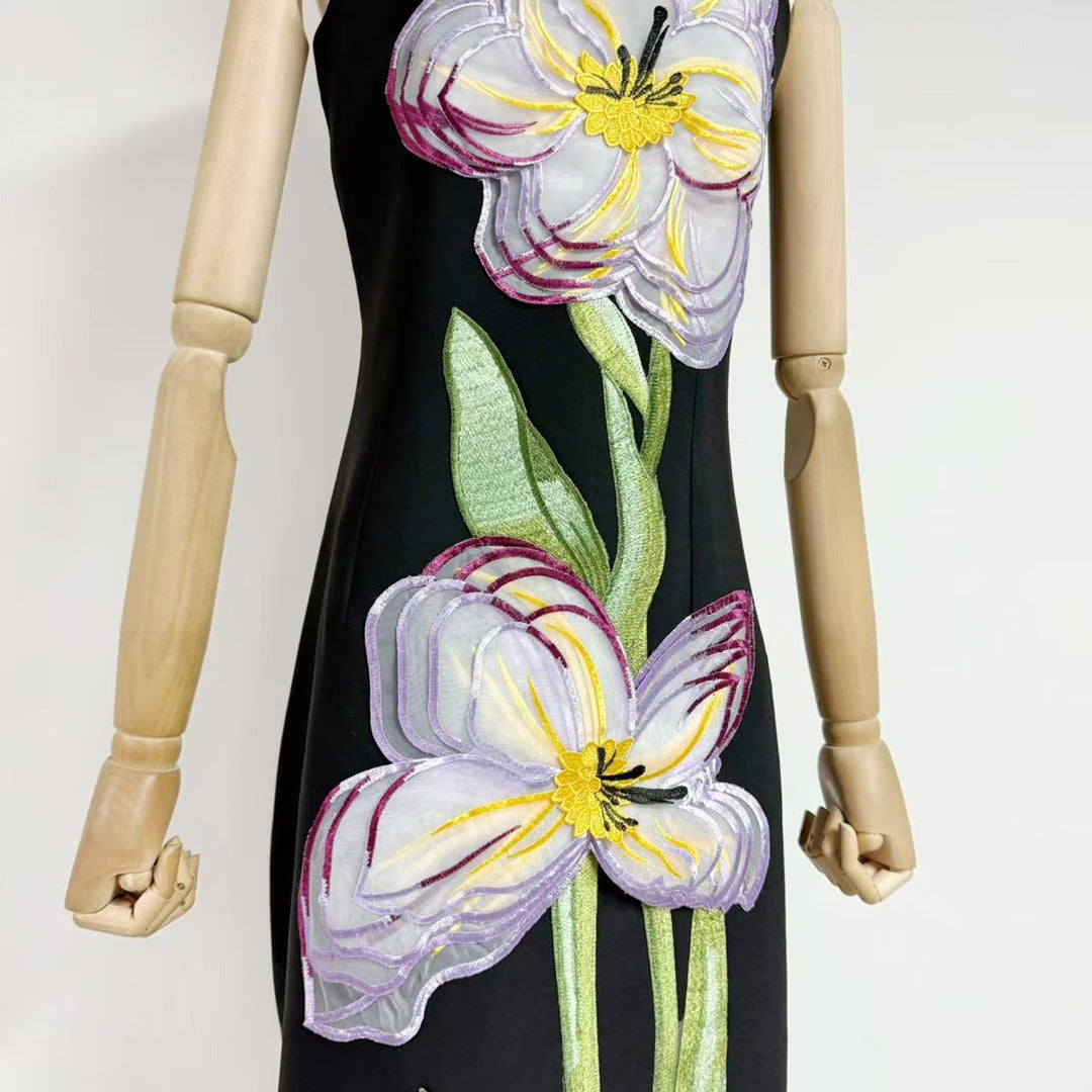 Embroidered 3D Flower Long Dress