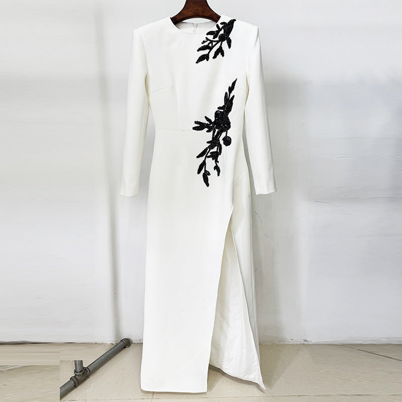 White Maxi Evening Dresses with Black Beaded Sequins Embroidery