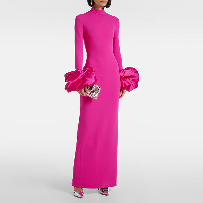 Fuchsia High Neck Long Sleeve Floral Cuff Maxi Evening Dress