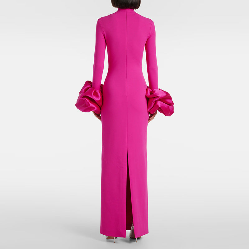 Fuchsia High Neck Long Sleeve Floral Cuff Maxi Evening Dress