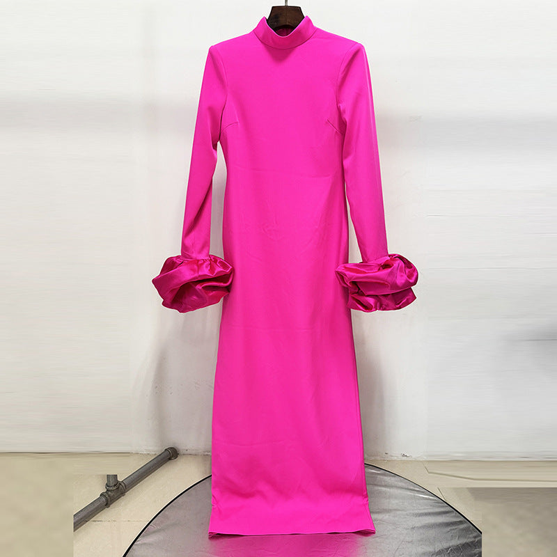 Fuchsia High Neck Long Sleeve Floral Cuff Maxi Evening Dress