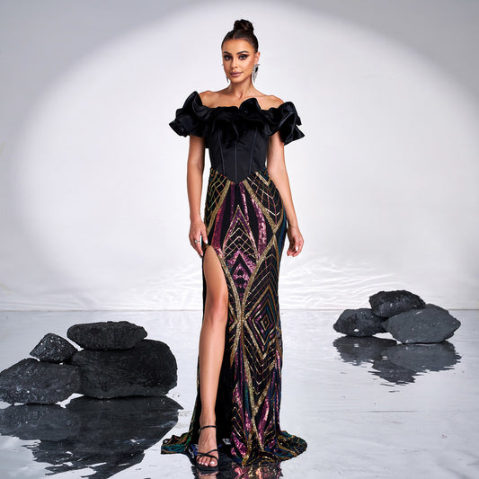 Black Ruffle Split Long Party Wear Sequin Evening Gown