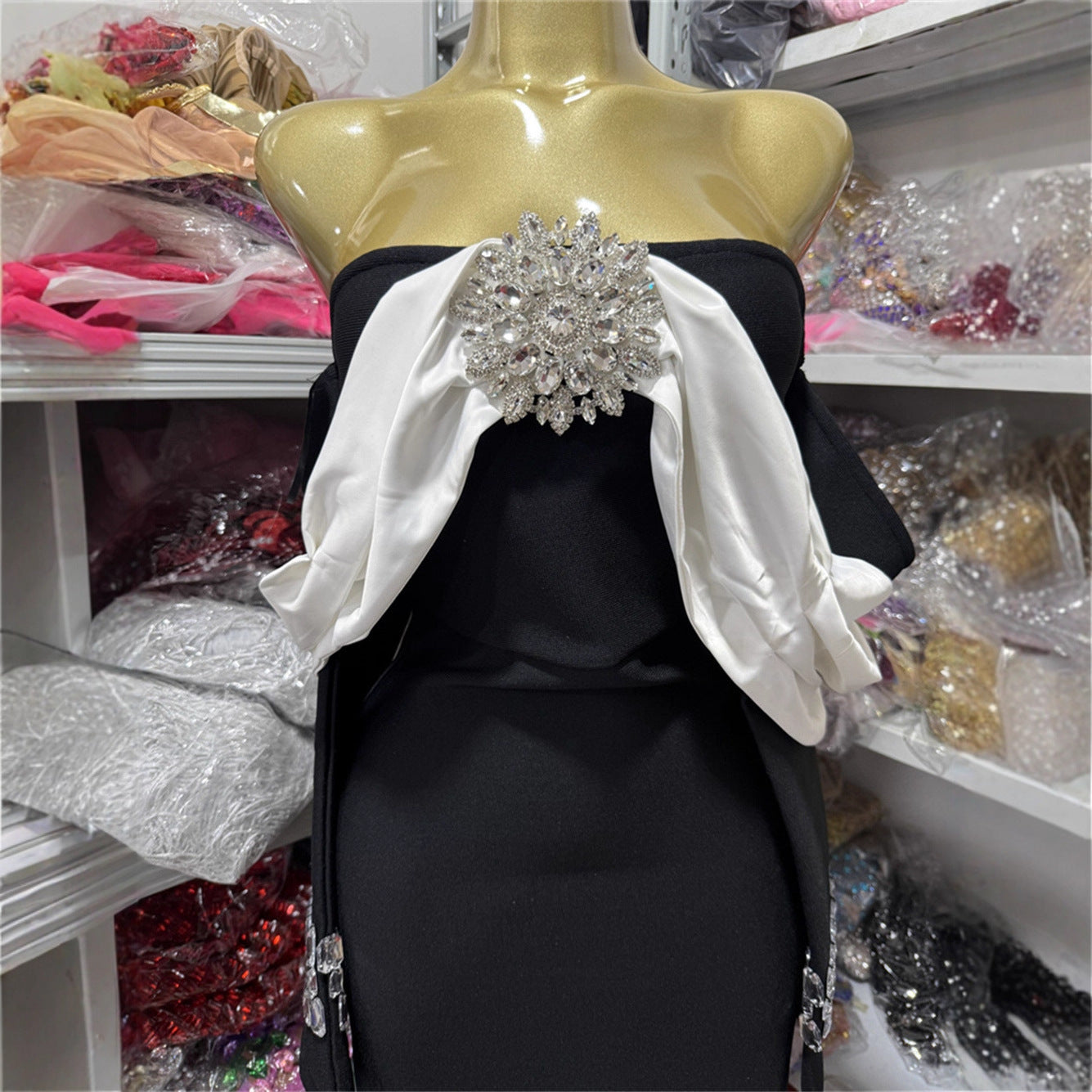 Off Shoulder Black and White Evening Dresses