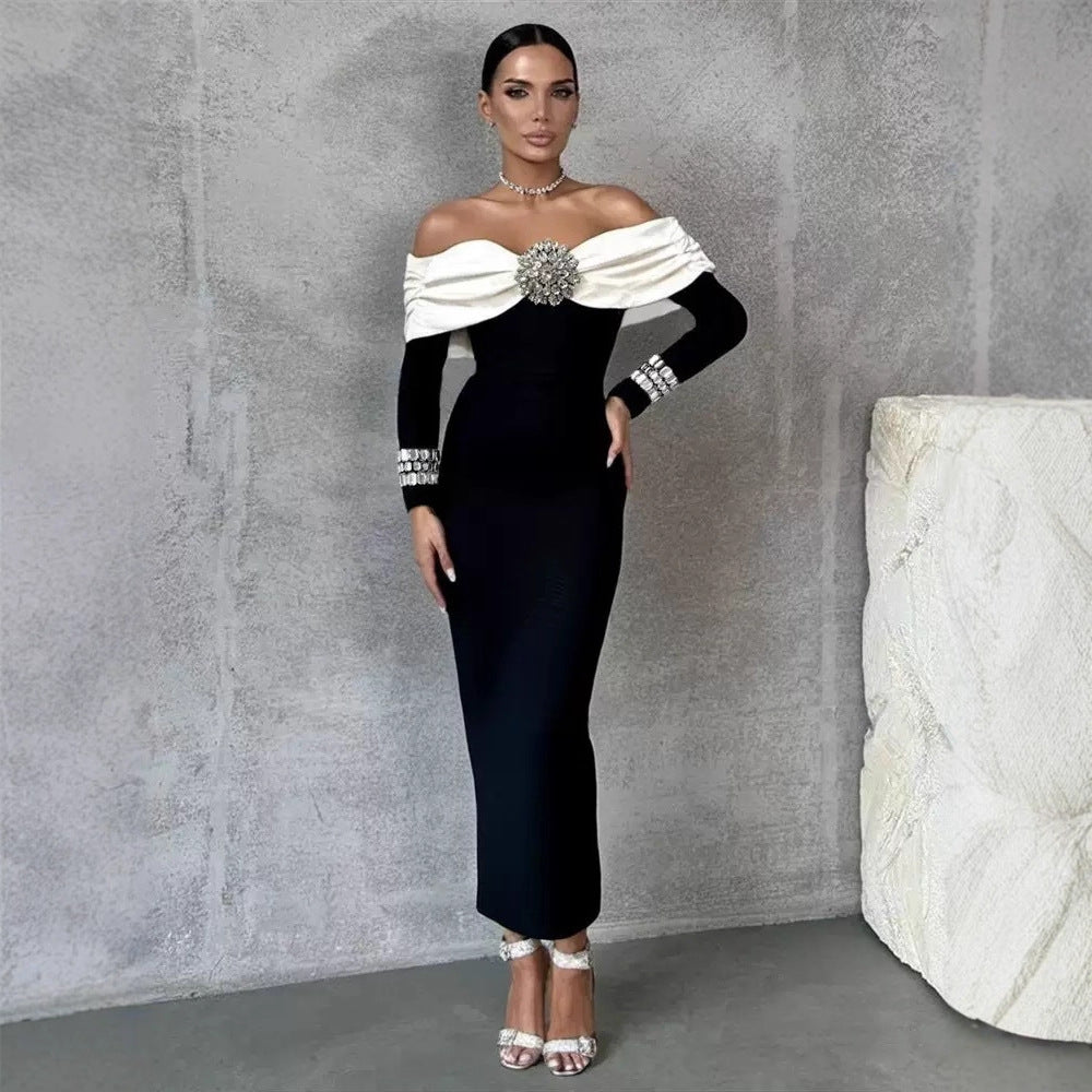 Off Shoulder Black and White Evening Dresses
