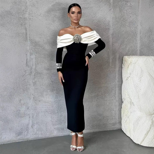 Off Shoulder Black and White Evening Dresses