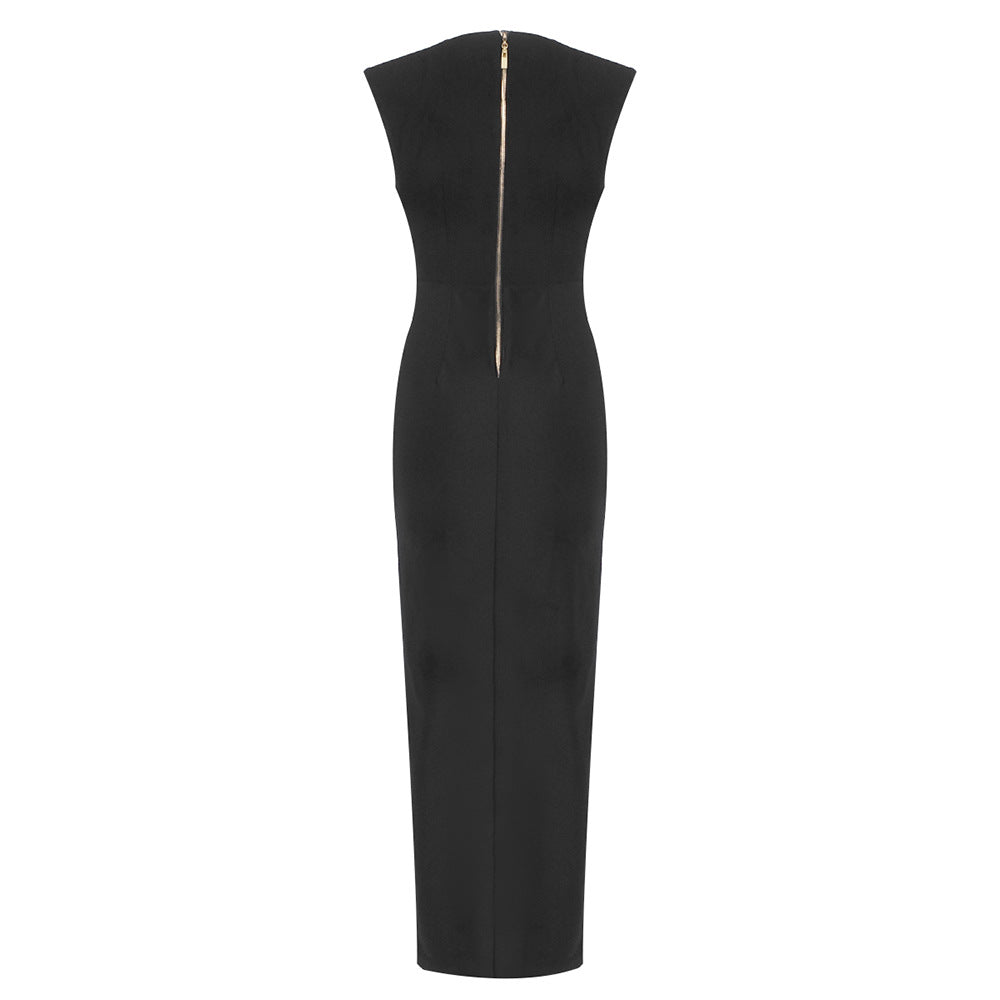 Wholesale Women Elegant Black Formal Dress Sleeveless Deep V Neck High Slit Long Evening Dresses Party Outfit with Gold Buttons