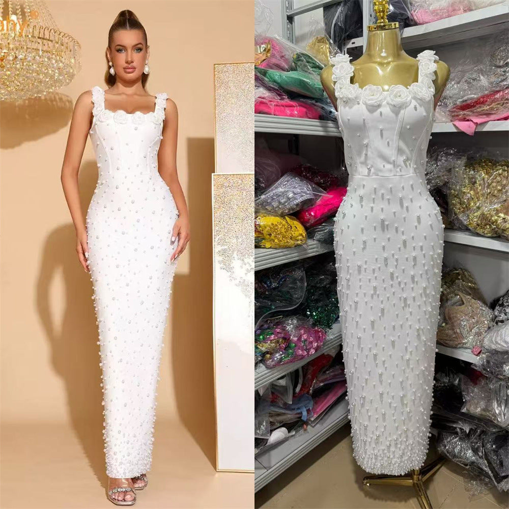 White Pearl Bodycon Maxi Bandage Dresses