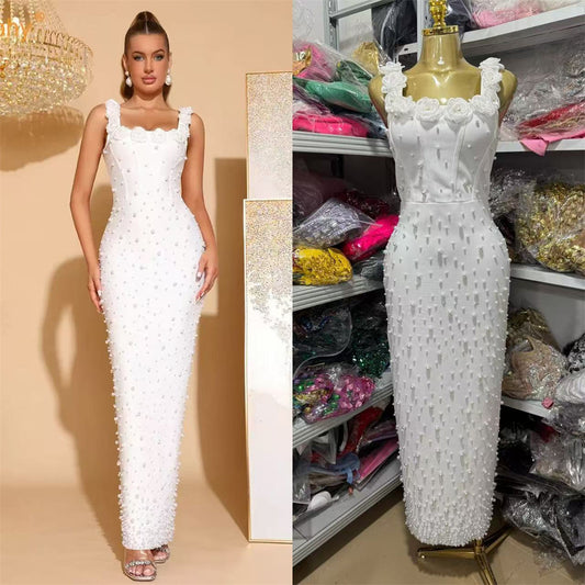 White Pearl Bodycon Maxi Bandage Dresses