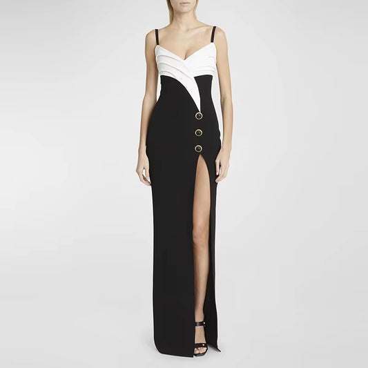 Black and White Womens Party Wear High Slit Bandage Dresses Long Gown Evening Dress