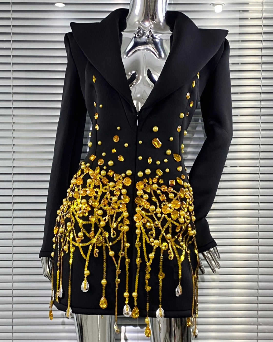 Gold Bead Fringe Black Blazer Dress