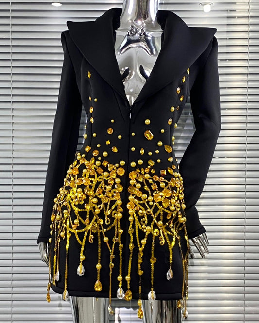 Gold Bead Fringe Black Blazer Dress
