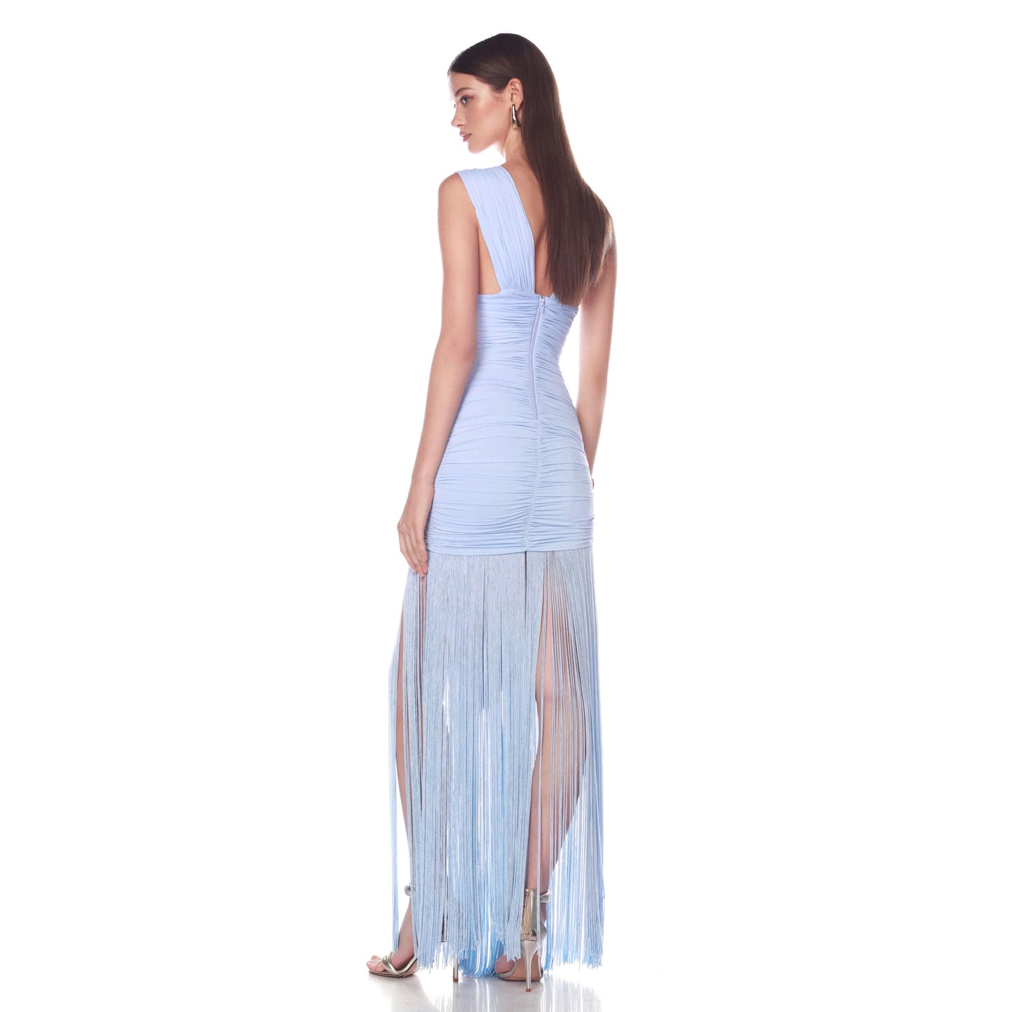 Sexy Sheer Mesh Maxi Gown Long Tassel Ruched Party Wear