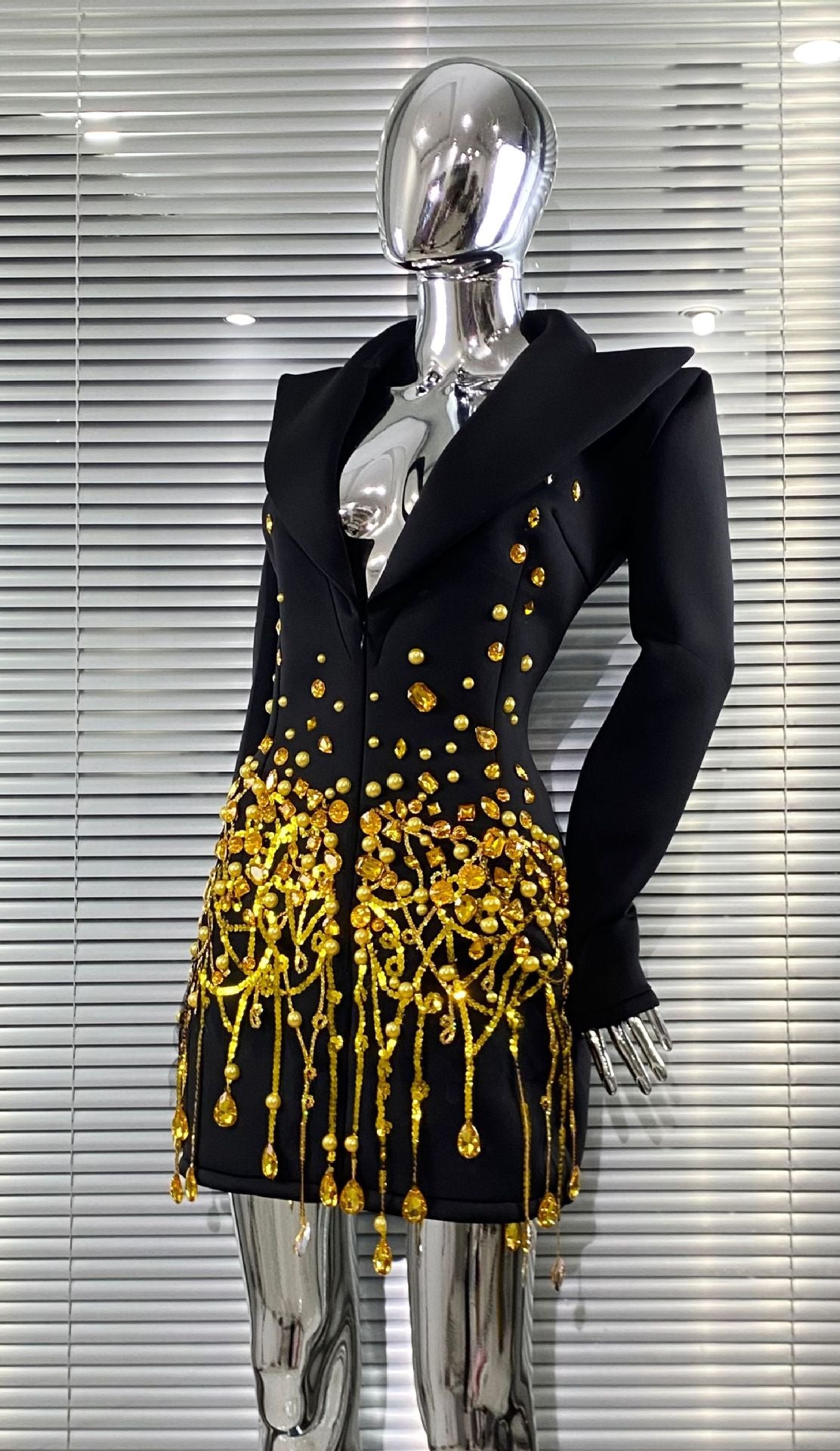 Gold Bead Fringe Black Blazer Dress