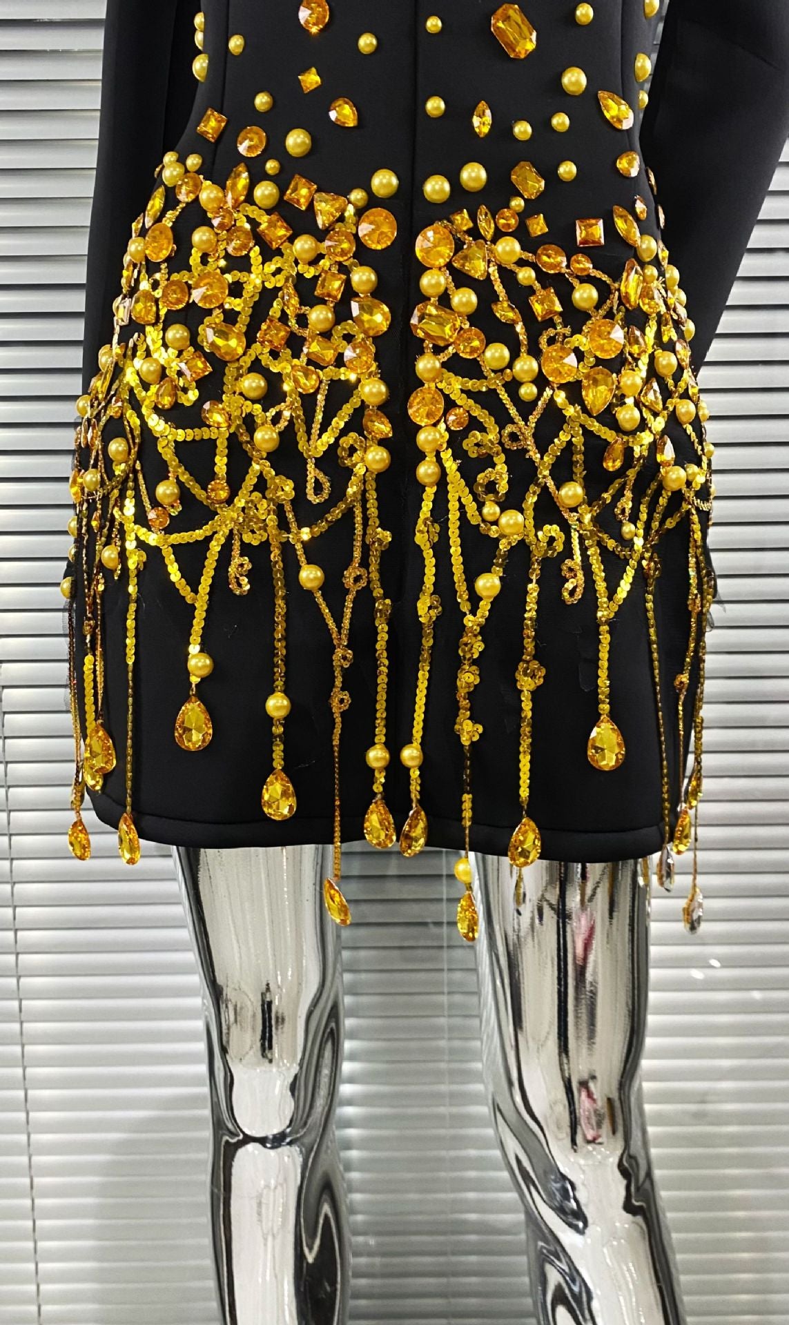 Gold Bead Fringe Black Blazer Dress