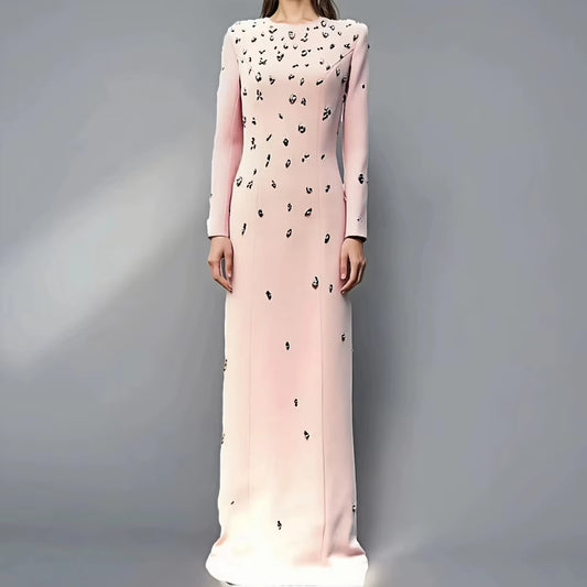 Luxury Fashion Evening Dresses Beaded Rhinestones Long Gown Pink Formal Dress for Women