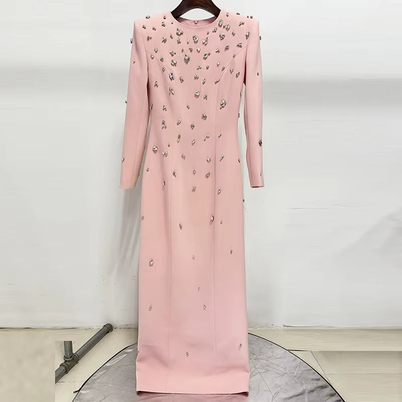 Luxury Fashion Evening Dresses Beaded Rhinestones Long Gown Pink Formal Dress for Women