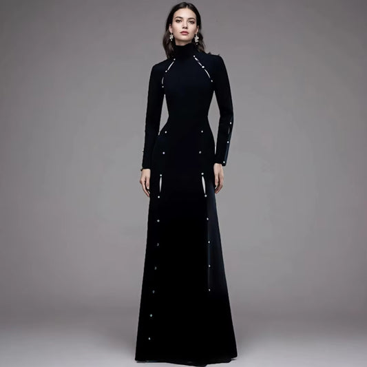 Elegant Womens Clothing Black Long Sleeve Mermaid Dress Floor Length Modest Beaded Gown Luxury Evening Dresses for Woman
