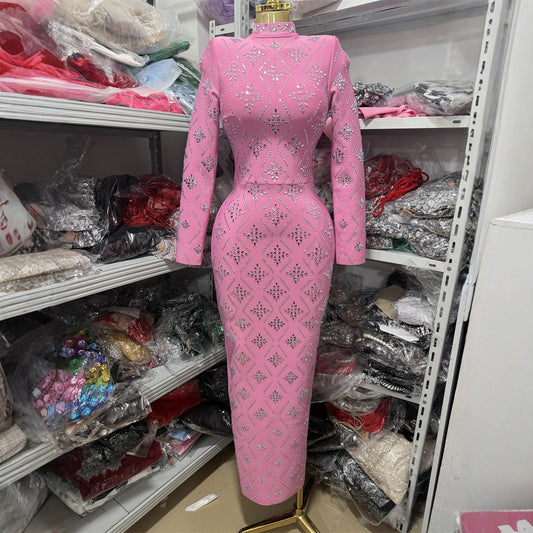 Elegant Pink Rhinestone Long Sleeve Maxi Dress High Neck Bodycon Gown