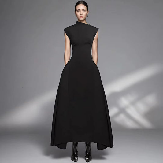 Black Formal Dresses Women Evening Gown Sleeveless Asymmetrical Collar Maxi Party Dress