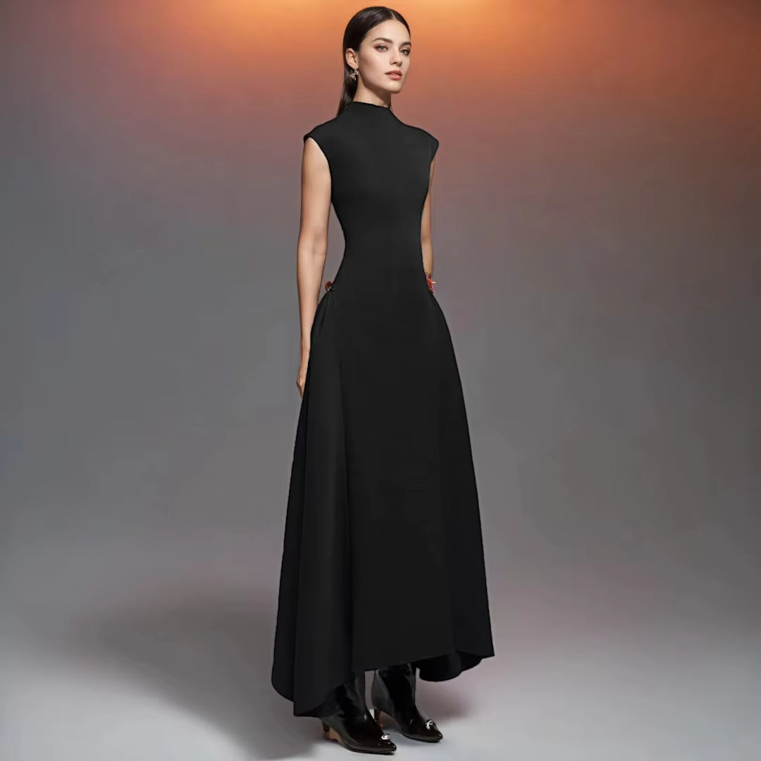 Black Formal Dresses Women Evening Gown Sleeveless Asymmetrical Collar Maxi Party Dress