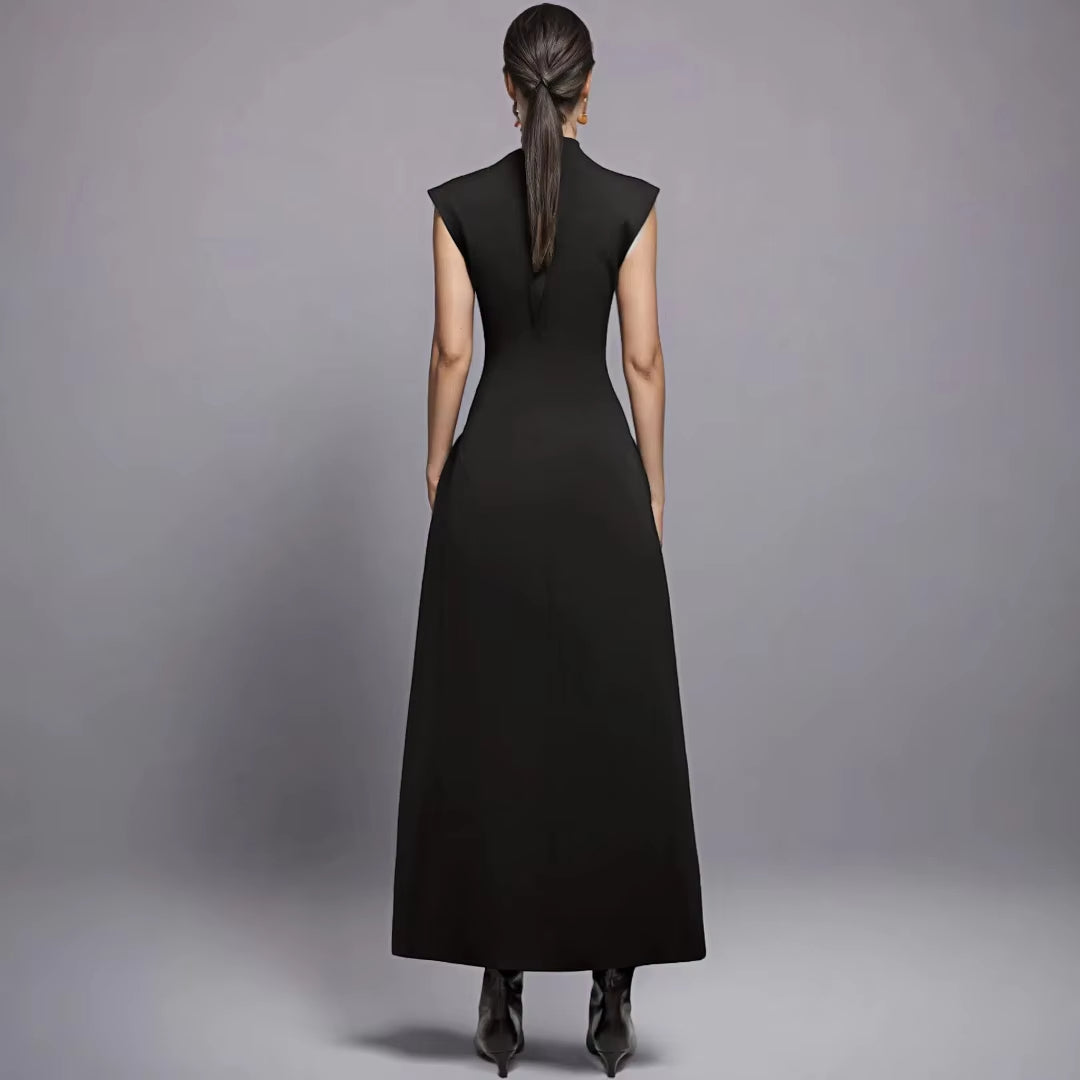 Black Formal Dresses Women Evening Gown Sleeveless Asymmetrical Collar Maxi Party Dress