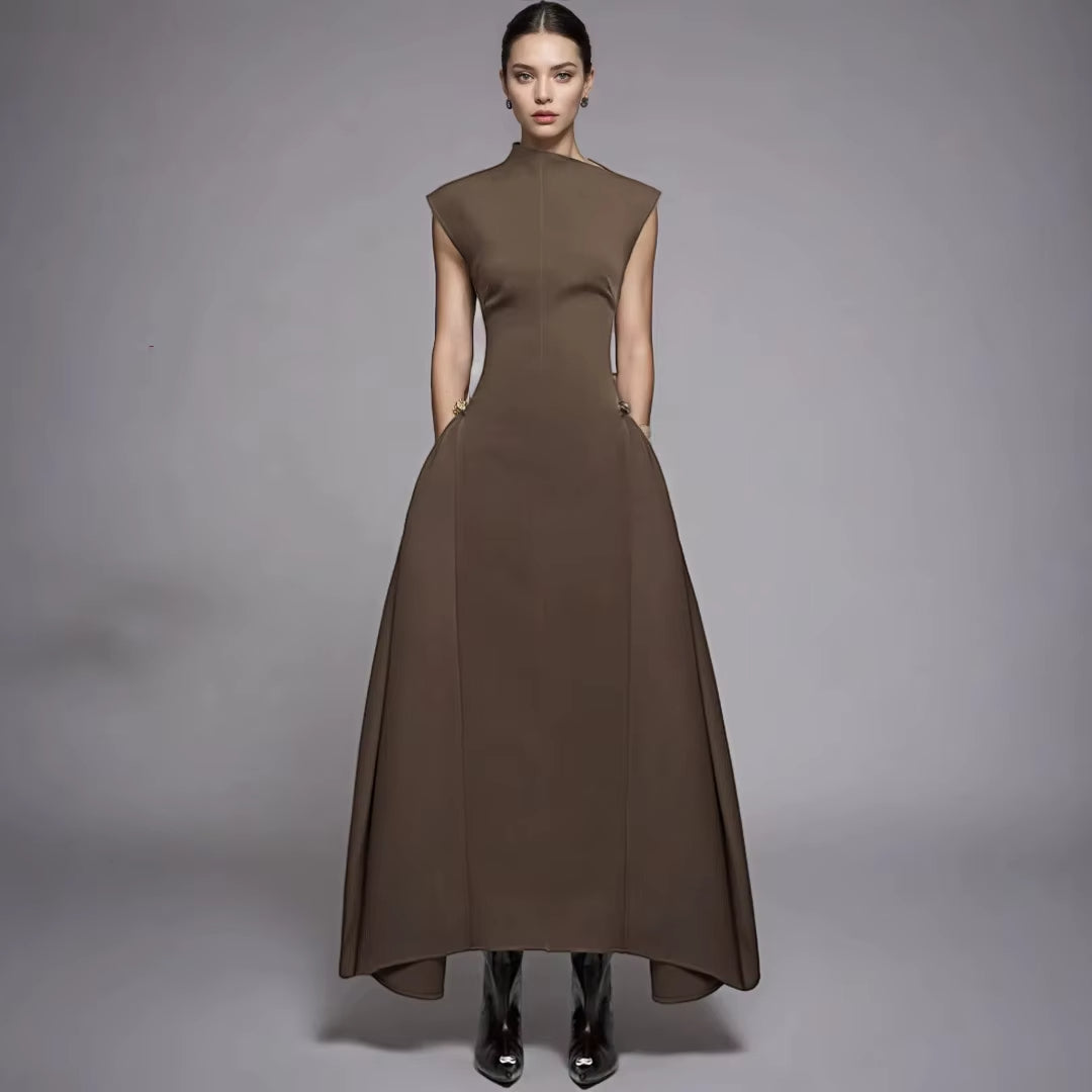 Black Formal Dresses Women Evening Gown Sleeveless Asymmetrical Collar Maxi Party Dress