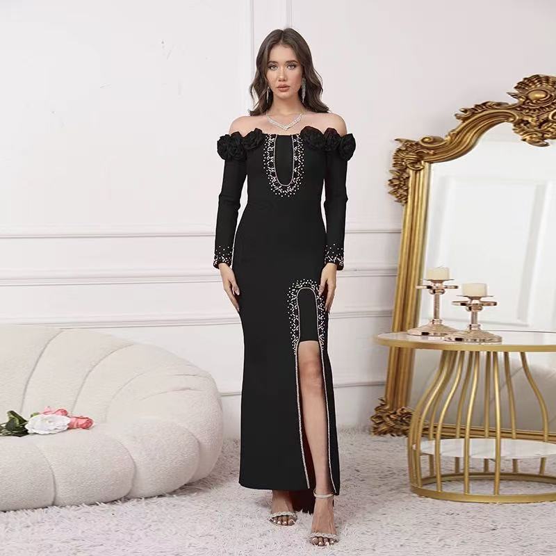 Long Sleeve Off Shoulder Evening Gown Bandage Dress With 3D Floral