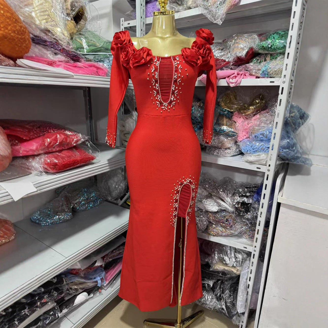 Long Sleeve Off Shoulder Evening Gown Bandage Dress With 3D Floral