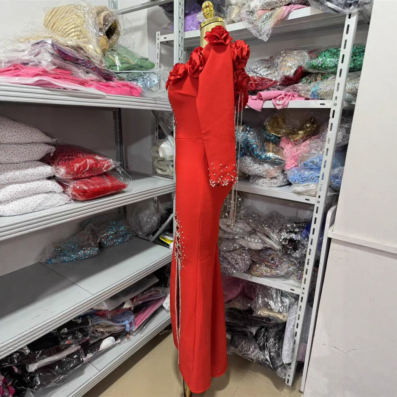 Long Sleeve Off Shoulder Evening Gown Bandage Dress With 3D Floral