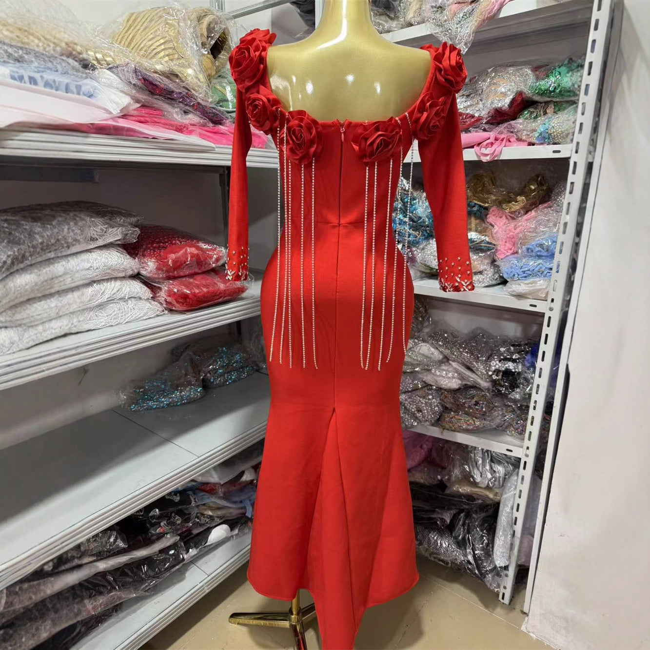 Long Sleeve Off Shoulder Evening Gown Bandage Dress With 3D Floral