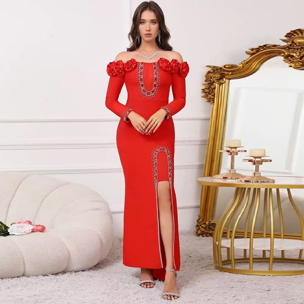 Long Sleeve Off Shoulder Evening Gown Bandage Dress With 3D Floral